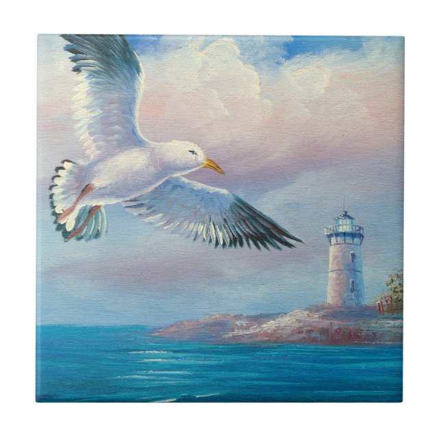 Carreau Peinture d'une mouette volant près d'un phare (Devant)