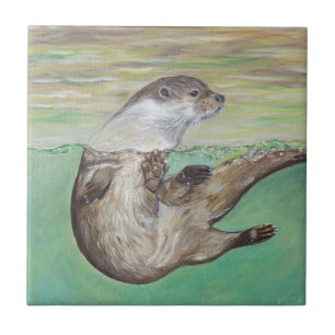 Carreau Peinture espiègle de loutre de rivière
