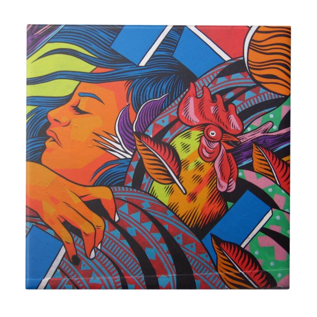 Carreau Peinture murale de mur de femme et de poulet (Devant)