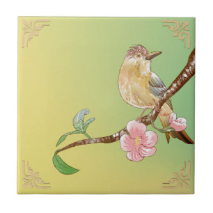 Carreau Peinture naturaliste vintage Fleurs et oiseaux de 
