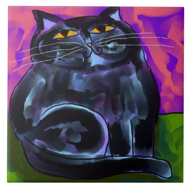 Carreau Peinture numérique Abstraite de chat noir gras (Devant)