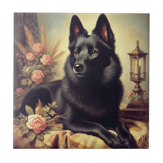 Carreau Peinture vintage de Chien Schipperke (Devant)