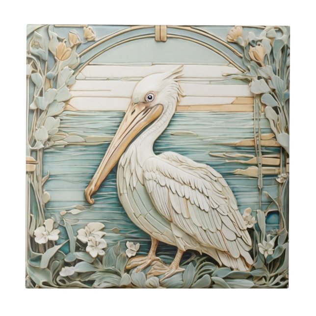 Carreau Pelican Sea Bird Art Nouveau Faux Relief Mint (Devant)