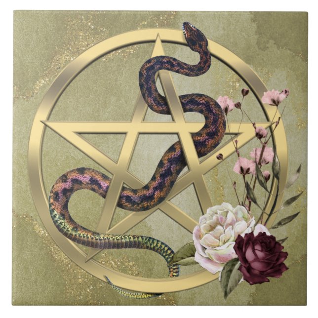Carreau Pentacle et serpent d'or avec autel païen Rose (Devant)