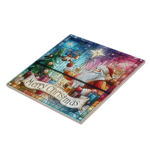 Carreau Père Noël avec des cadeaux et un renne