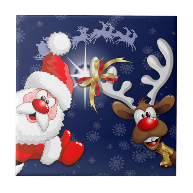Carreau Père Noël et Reindeer Joyeux Noël Joyeux dessin an (Devant)