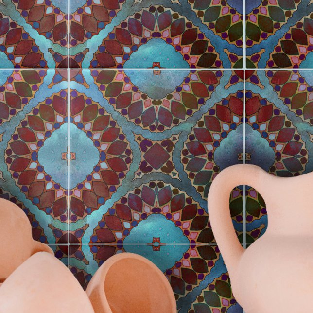Carreau Pétales géométriques symétriques bleu-rouge bordea (Créateur téléchargé)