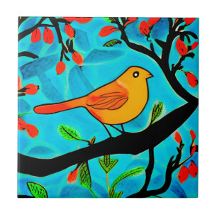 Carreau Petit oiseau orange sur une branche fleurie