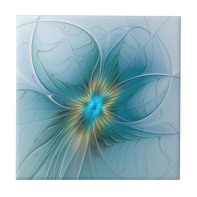 Carreau Petite Beauté Moderne Bleu Or Fractal Art Flower (Devant)