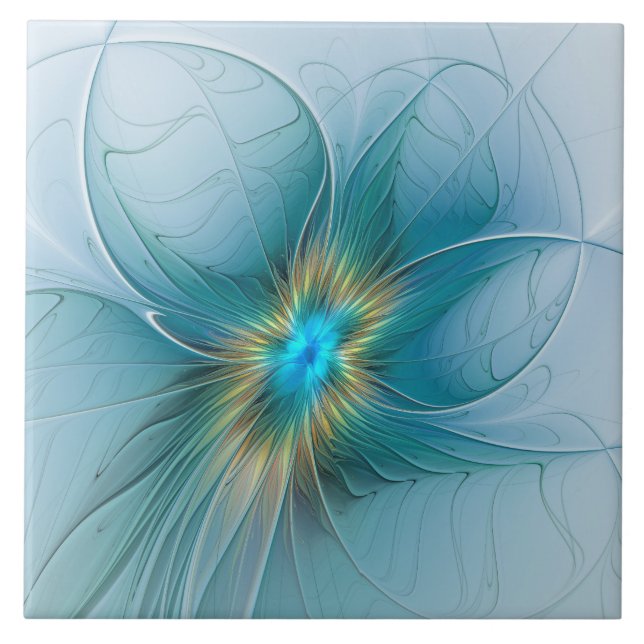 Carreau Petite Beauté Moderne Bleu Or Fractal Art Flower (Devant)