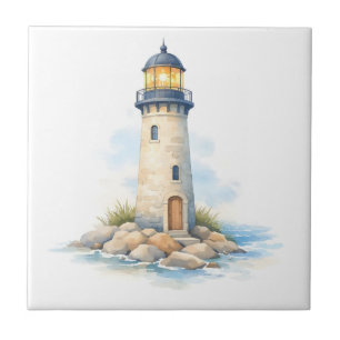 Carreau Phare à l'aquarelle sur les rochers 