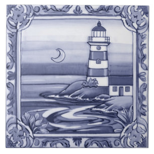 Carreau Phare au bord de l'océan Mer Bleu et Blanc