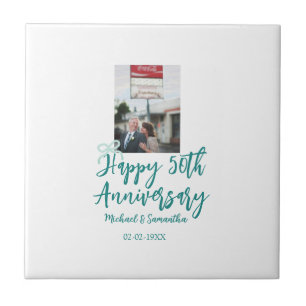 Carreau Photo 50e anniversaire ruban turquoise nom da