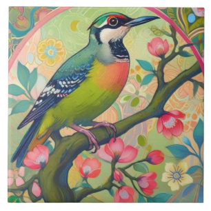 Carreau Pic vert Oiseau Oriental Asiatique Rose Floral