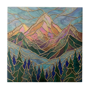 Carreau Pics de montagnes dorées Forêt Art de verre teinté