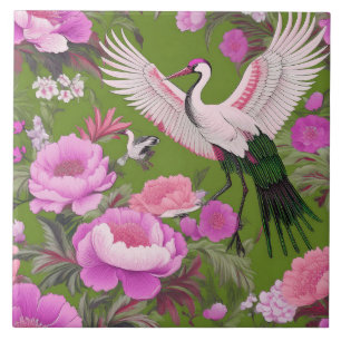 Carreau Pies pourpres & Grue sur Olive Green Chinoiserie