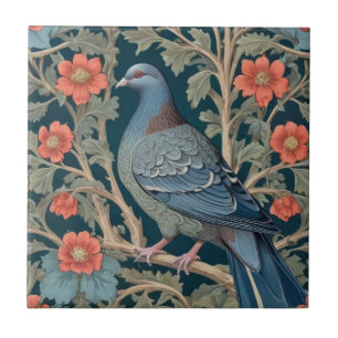 Carreau Pigeon Bird William Morris style Fleurs rouges gau