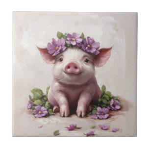 Carreau Piglet dans une couronne de fleurs violettes