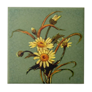 Carreau Pilkington c1900 Green Daisies Slip Painted Repro