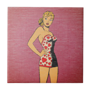 Carreau Pin-Up de maillot de bain à cœur rétro BD