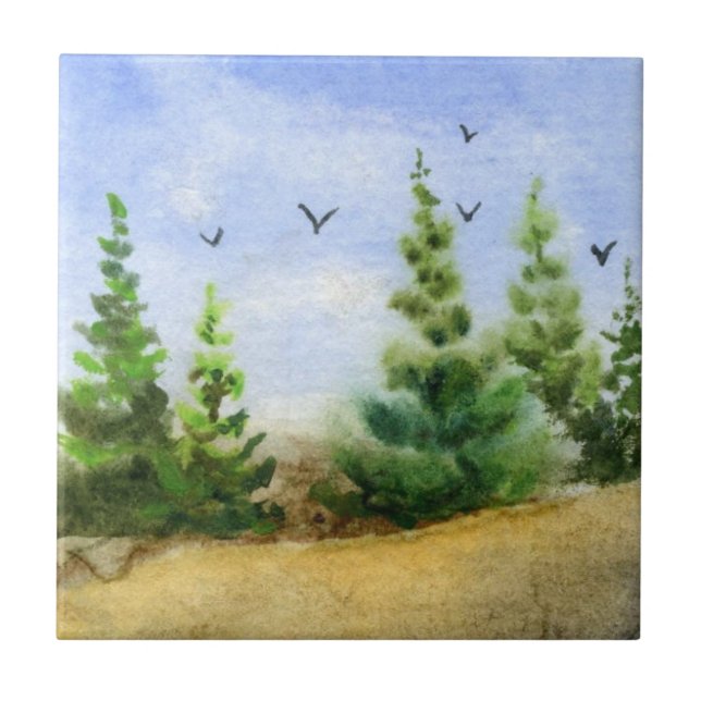 Carreau Pine Tree Tile Paysage, pins, collines, corneilles (Devant)