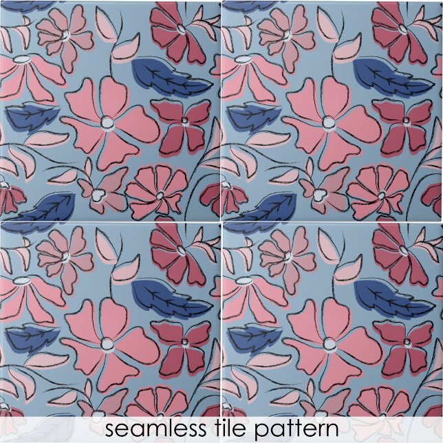 Carreau Pink and Blue Hand Drake Floral Block Print (Pink and Blue Hand Drawn Floral Block Print Ceramic Tile)