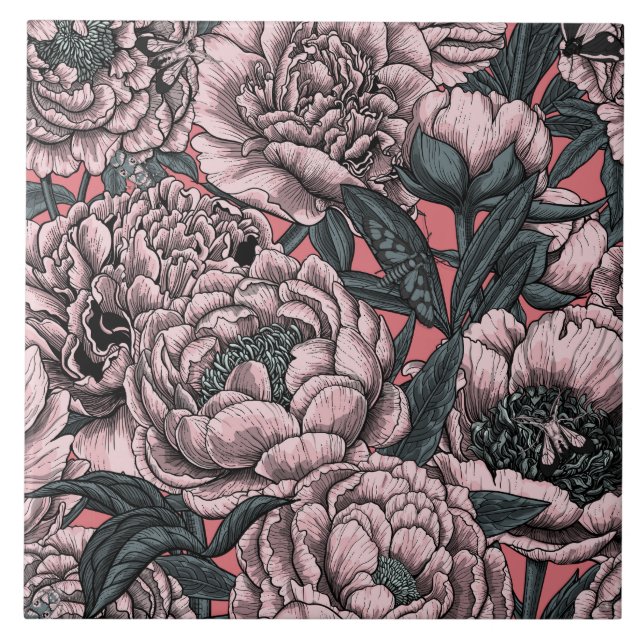 Carreau Pink peony flowers and moths (Devant)