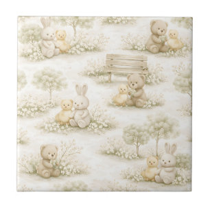 Carreau Pique-nique de lapin ours neutre Jardin floral (2)