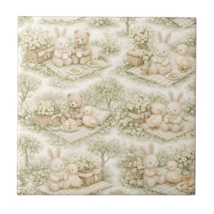 Carreau Pique-nique de lapin ours neutre Jardin floral (3)