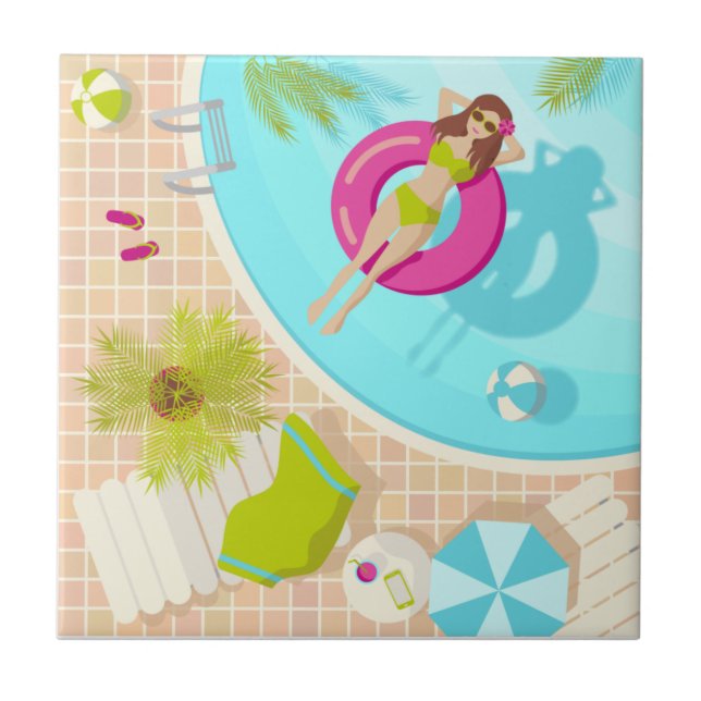 Carreau Piscine fille en bikini plage d'été (Devant)