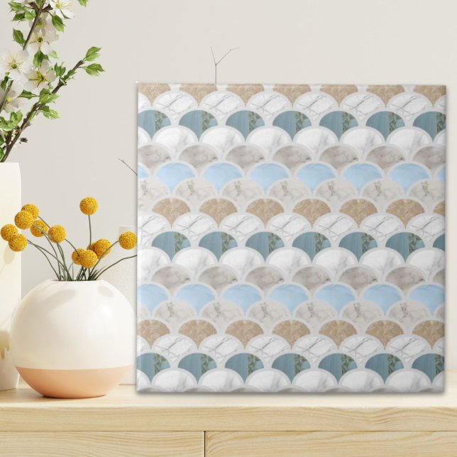 Carreau plage aqua bleu marbre blanc pastel pèse-sirène (beach aqua blue white marble pastel mermaid scales ceramic tile)