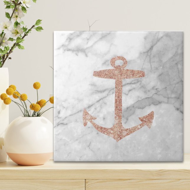 Carreau plage chic ceinturé rose or ancre marbre blanc (girly chic beach rose gold anchor white marble ceramic tile)