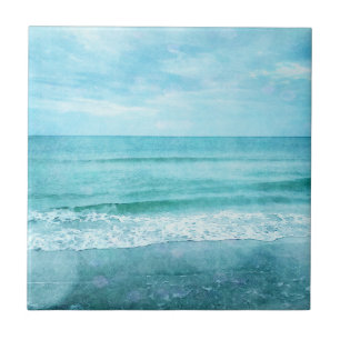 Carreau Plage Retro - Océan côtier Aquarelle bleu Turquo