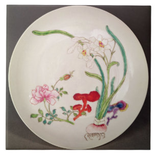 Carreau Plat de porcelaine, décoration rose de famille,
