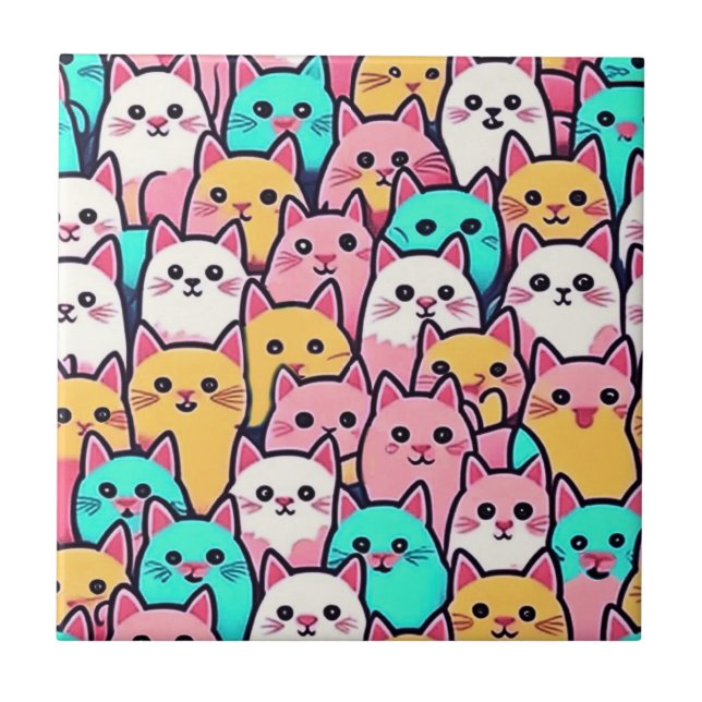 Carreau Playful Minimalist Cats in Multi-Coloured Pastels (Devant)