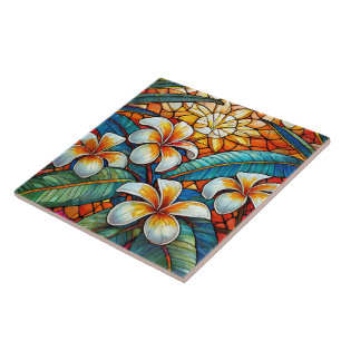 Carreau Plumeria tropicale sur l'orangé Vitrail