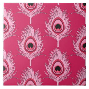 Carreau Plumes de paon, rose pastel sur rose Fuchsia