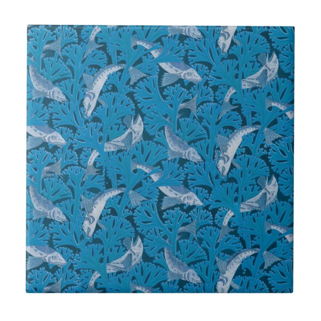 Carreau Poisson bleu vintage et algues : Art Nouveau Nauti (Devant)
