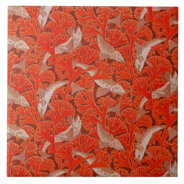Carreau POISSONS ET ALGUES ROUGES Art Nouveau Motif animal (Devant)