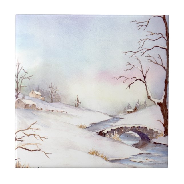 Carreau Pont Snowy Aquarelle Paysage Peinture (Devant)