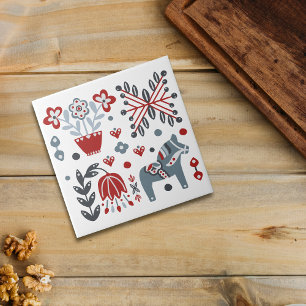 Carreau Pony nordique et motif floral en gris et rouge