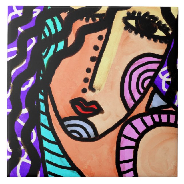 Carreau Portrait Abstrait coloré d'une femme (Devant)