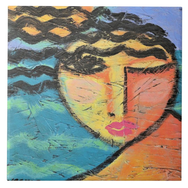 Carreau Portrait Abstrait de plage d'une femme sur le tabl (Devant)