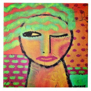 Carreau Portrait abstrait d'une femme aux cheveux verts on