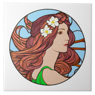 Carreau Portrait Art Nouveau d'une femme aux cheveux rouge