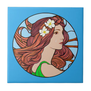 Carreau Portrait Art Nouveau d'une femme en bleu
