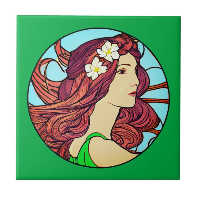 Carreau Portrait Art Nouveau d'une femme sur Emerald Green (Devant)