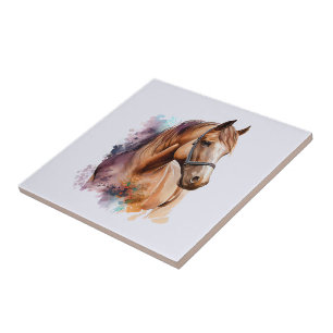 Carreau Portrait de tête de cheval brun à l'aquarelle