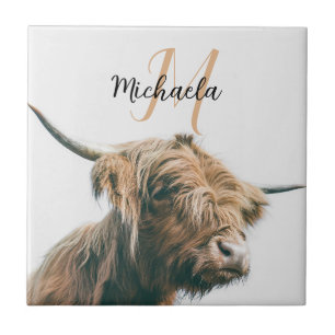 Carreau Portrait de vache Highland nom personnalisé monogr