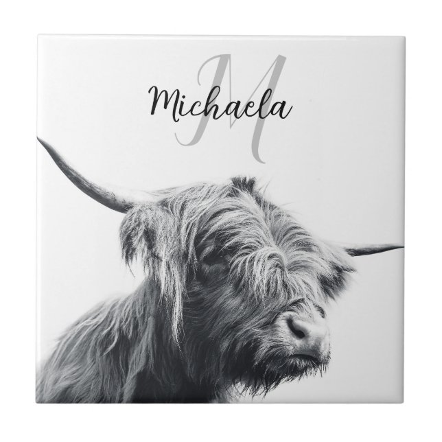 Carreau Portrait de vache Highland premier monogramme noir (Devant)